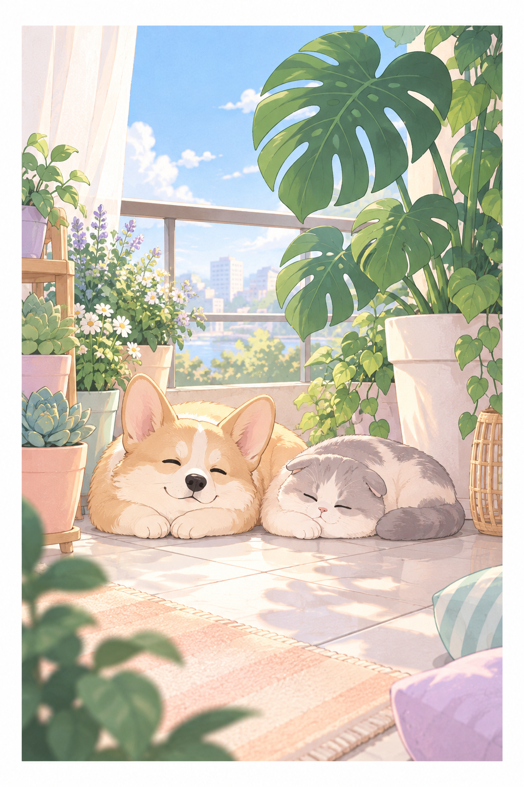 화분 곁에서 쉬는 강아지와 고양이